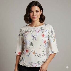 Amanda Uprichard Blouse Womens Small Multicolor Floral 3/4 Sleeve Top‎ Made USA